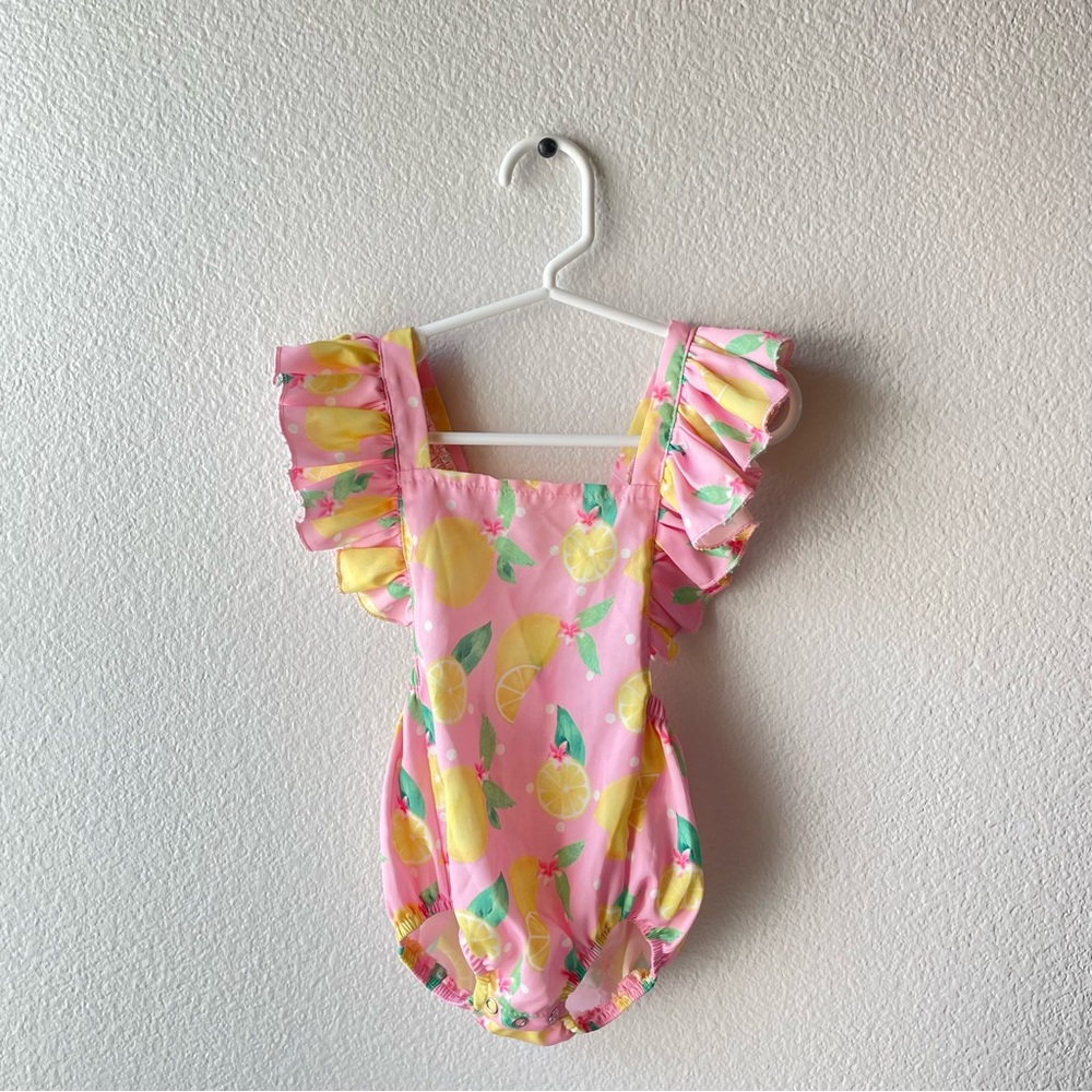 Baileys blossoms 9-12m flutter shoulder adjustable strap pink lemon romper